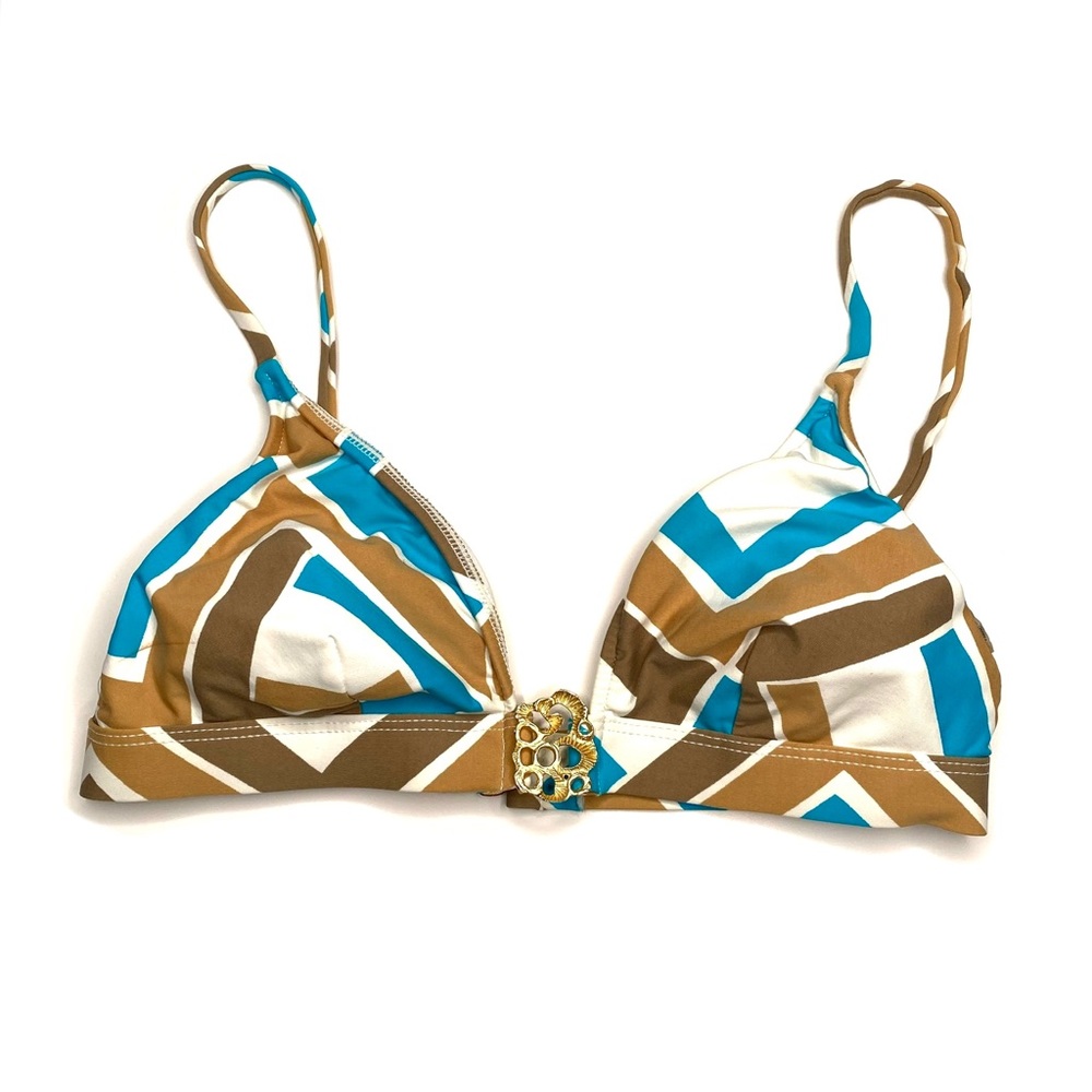 Trina Turk Blue Tan Geometric Bikini Top Gold Accent Adjustable Strap Swim